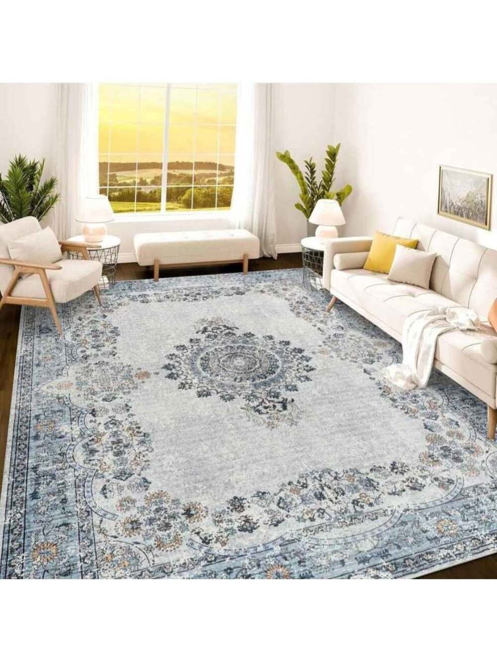 Istana Blue 8x10 Rugs Living Room Foldable Bedroom Stain Resistant Washable Eco
